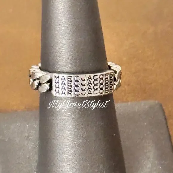MARC JACOBS Braided Insignia Silver CONVERTIBLE Ring 7 NEW! Engraved Monogram - Picture 2 of 5